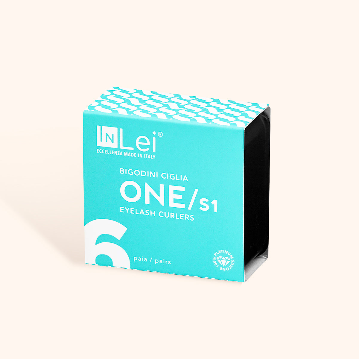 InLei ONE Silicone Lash Curlers Size S1 packaging box in a turquoise color with product details.