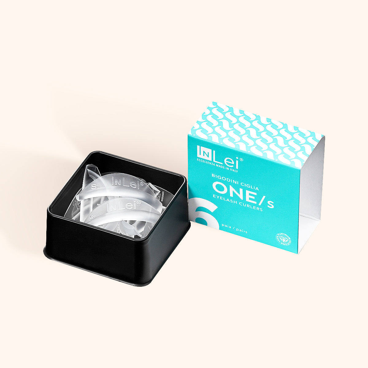 InLei One Silicone Lash Curlers Size S in a packaging box with curlers inside.