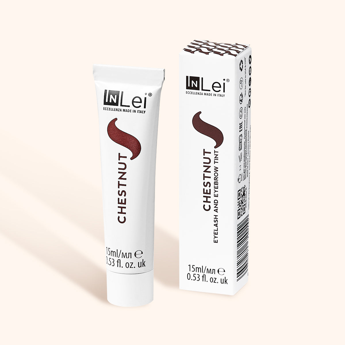 InLei Lash and Brow Tint - Dye Chestnut color tube and box packaging on a light background.