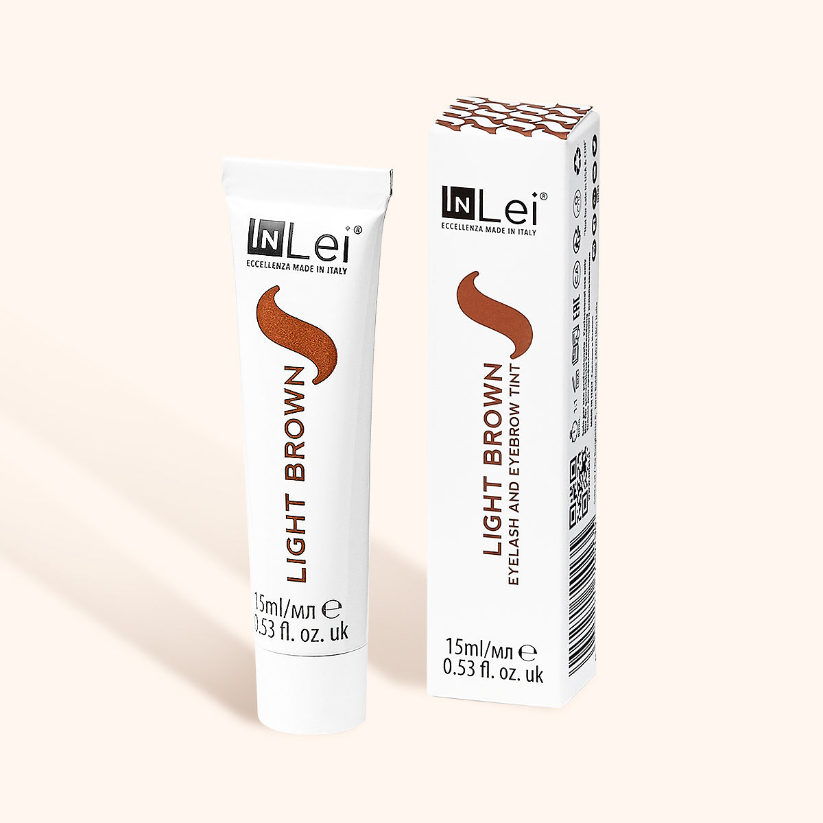 InLei Lash and Brow Tint - Dye Light Brown packaging with tube and box displayed on a soft background.