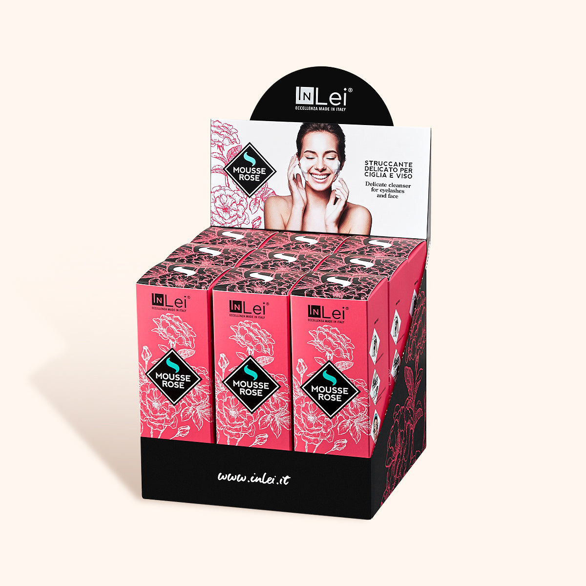 InLei Delicate Lash & Brow Shampoo - Rose display boxes showcased with branding and product information.