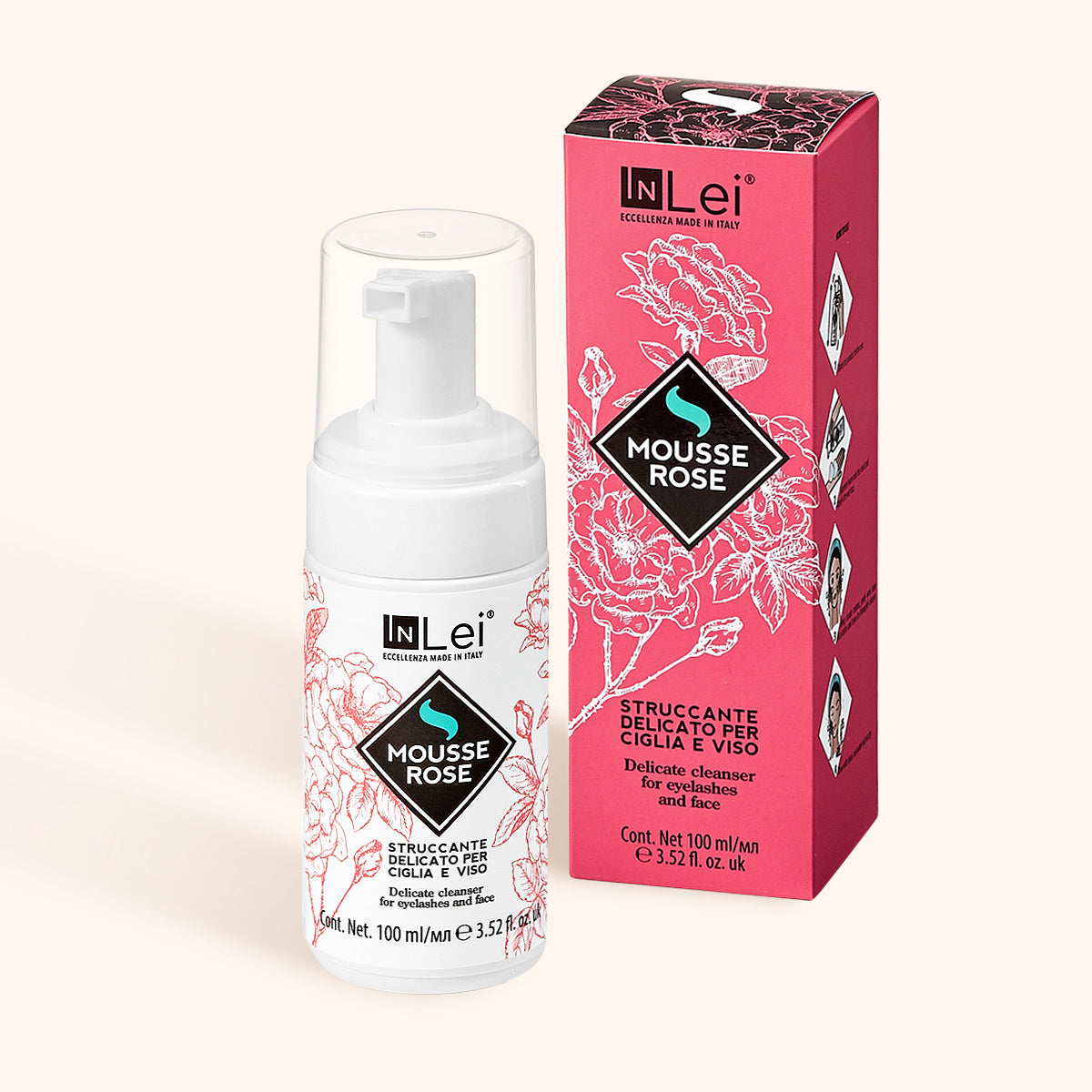 InLei Delicate Lash & Brow Shampoo - Rose in a bottle with pink packaging, ideal for gentle cleansing of lashes and brows.