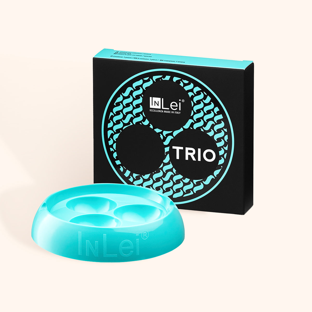 InLei Trio lash lift bowl with brush holder displayed next to its packaging in Tiffany color.