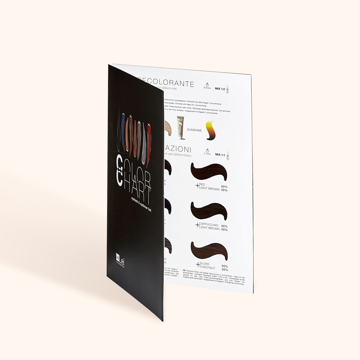 InLei Lash & Brow Tint Colour Chart showing various tint options and mixing ratios for lash and brow applications.