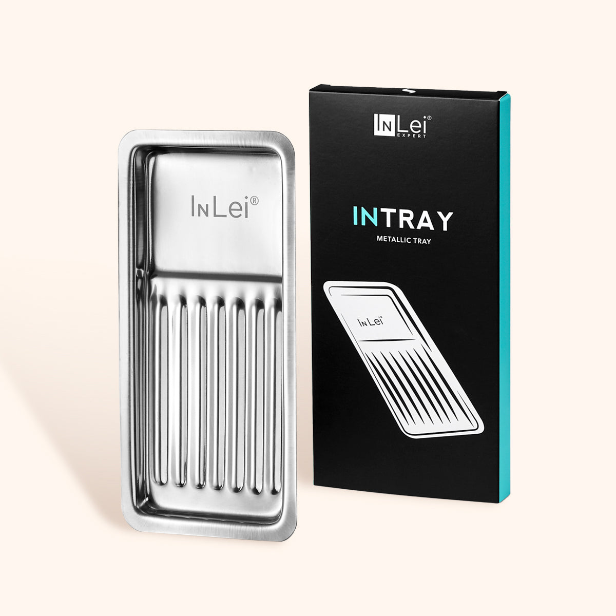 InLei Multifunctional Metal Tool Tray displayed with its packaging, showcasing its sleek design and metal finish.