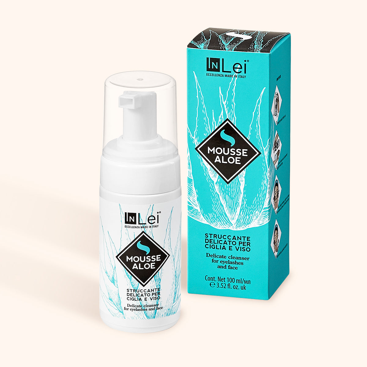 InLei Delicate Lash & Brow Shampoo - Aloe Vera bottle and packaging on a soft background.