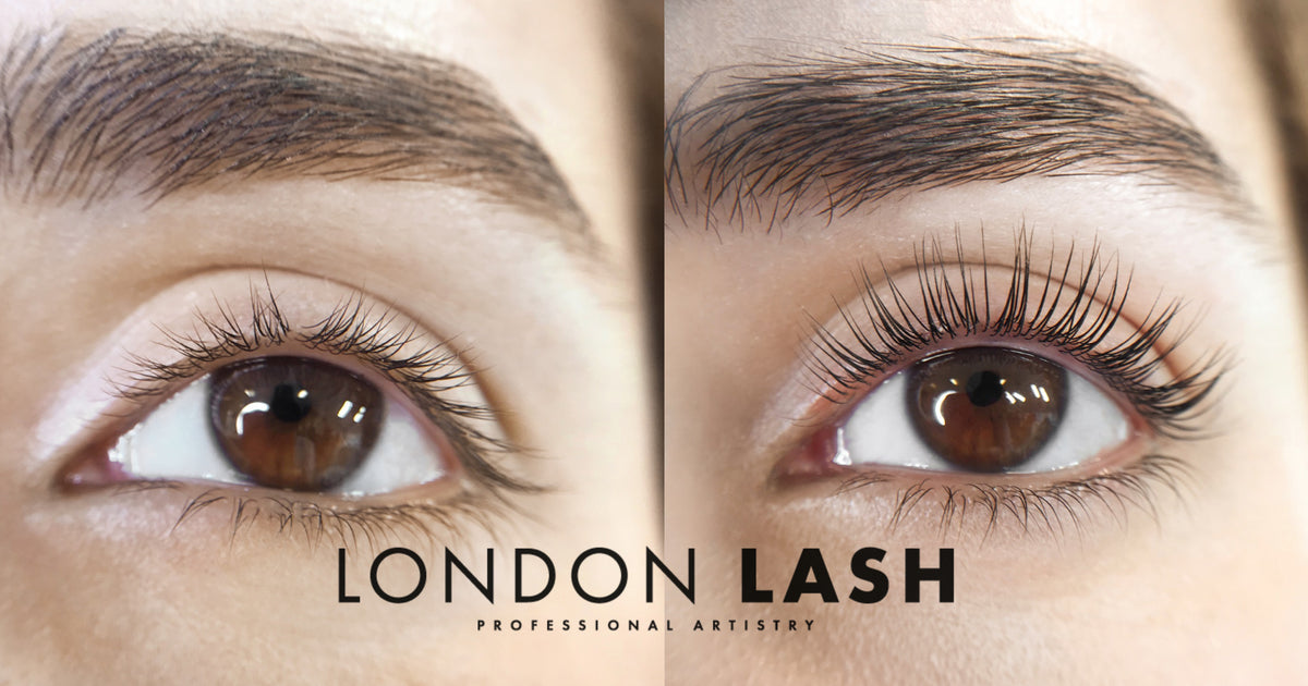 Before and after results of eyelash enhancement using InLei Lash Fixing Gel showcasing natural lashes.
