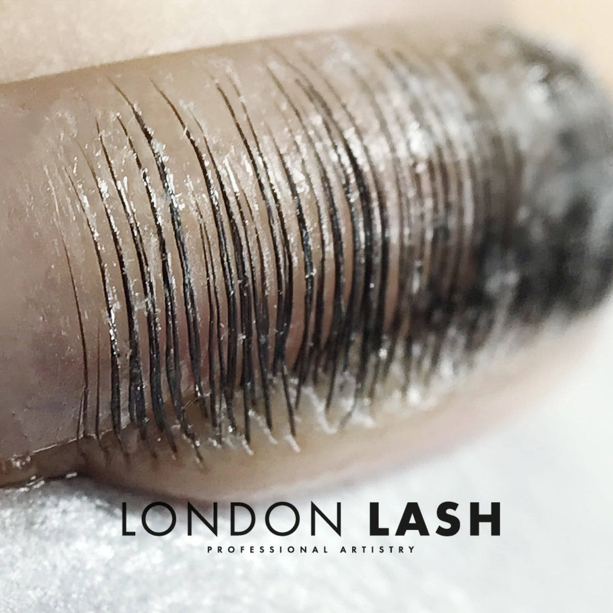 Close-up of lashes secured for lamination using InLei Lash Fixing Gel, showcasing precision and artistry.
